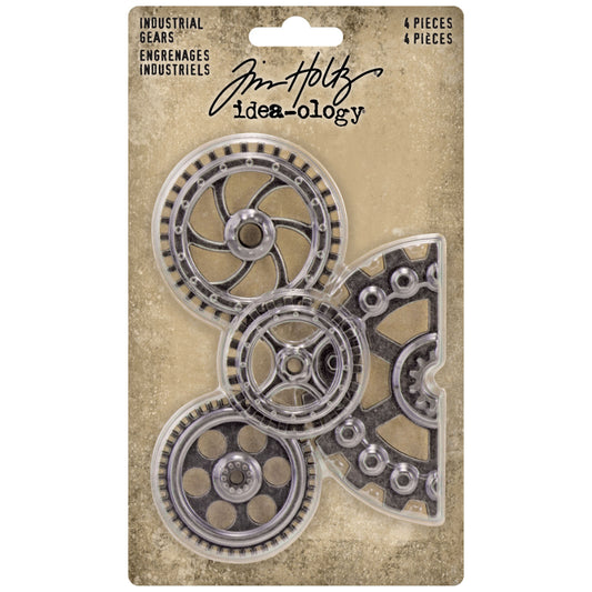 Industrial Gears ... Idea-Ology Adornments by Tim Holtz. Dimensional pewter coloured metal cogs for use for mixed media, decorating books or displays, dioramas, off-the-page crafts, steampunk projects and creative visual arts. Pack of 4 (four) gears, one of each kind. Made by Advantus Corp for Tim Holtz. TH94142 . Sizes vary from 1 1/2" to 3" wide.
