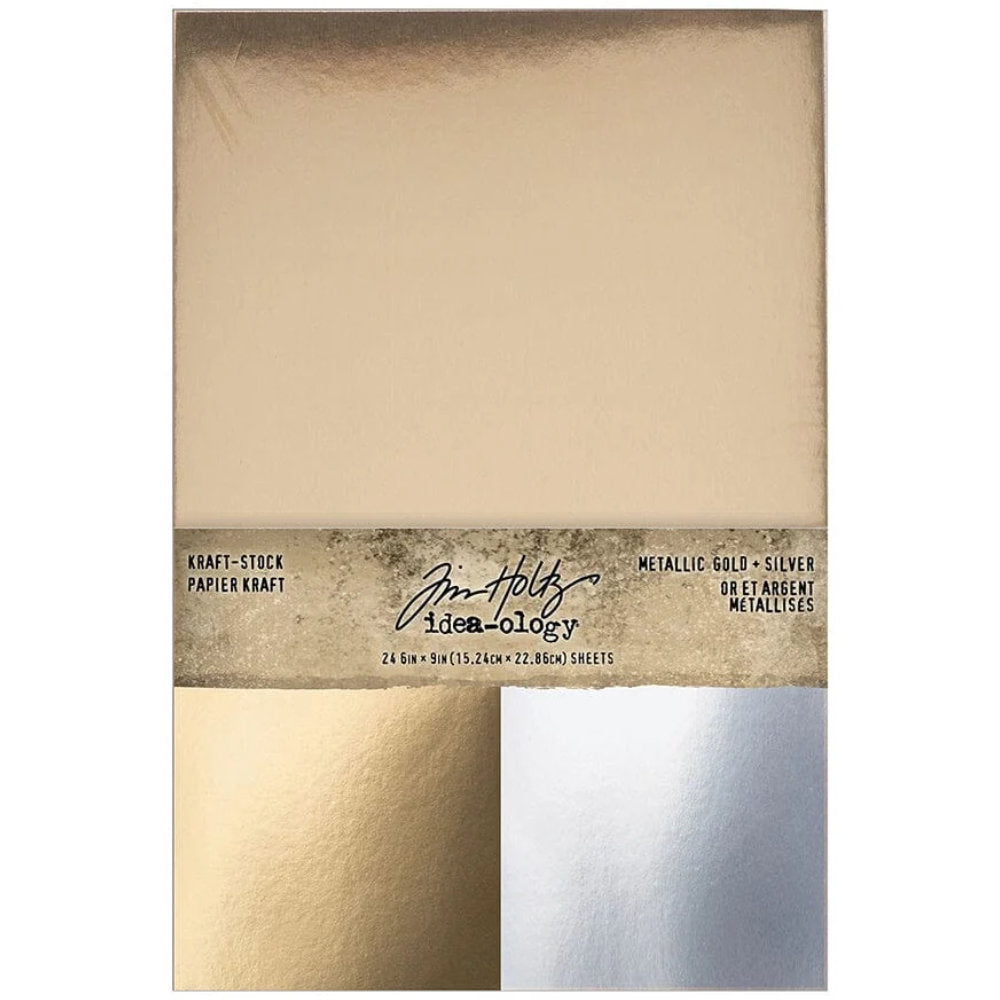 Gold and Silver, Metallic Kraft Stock ... Idea-Ology Paper by Tim Holtz. Kraft stock cardstock (paper in a natural tan, kraft, brown colour) printed with a smooth glossy metallic finish in the traditional Christmas colours of silver and gold. 24 sheets, 2 colours (12 of each). Sheet size is 6"x9" (15.24cm x 22.86cm). TH94493. Photo of the packaging showing shiny samples.