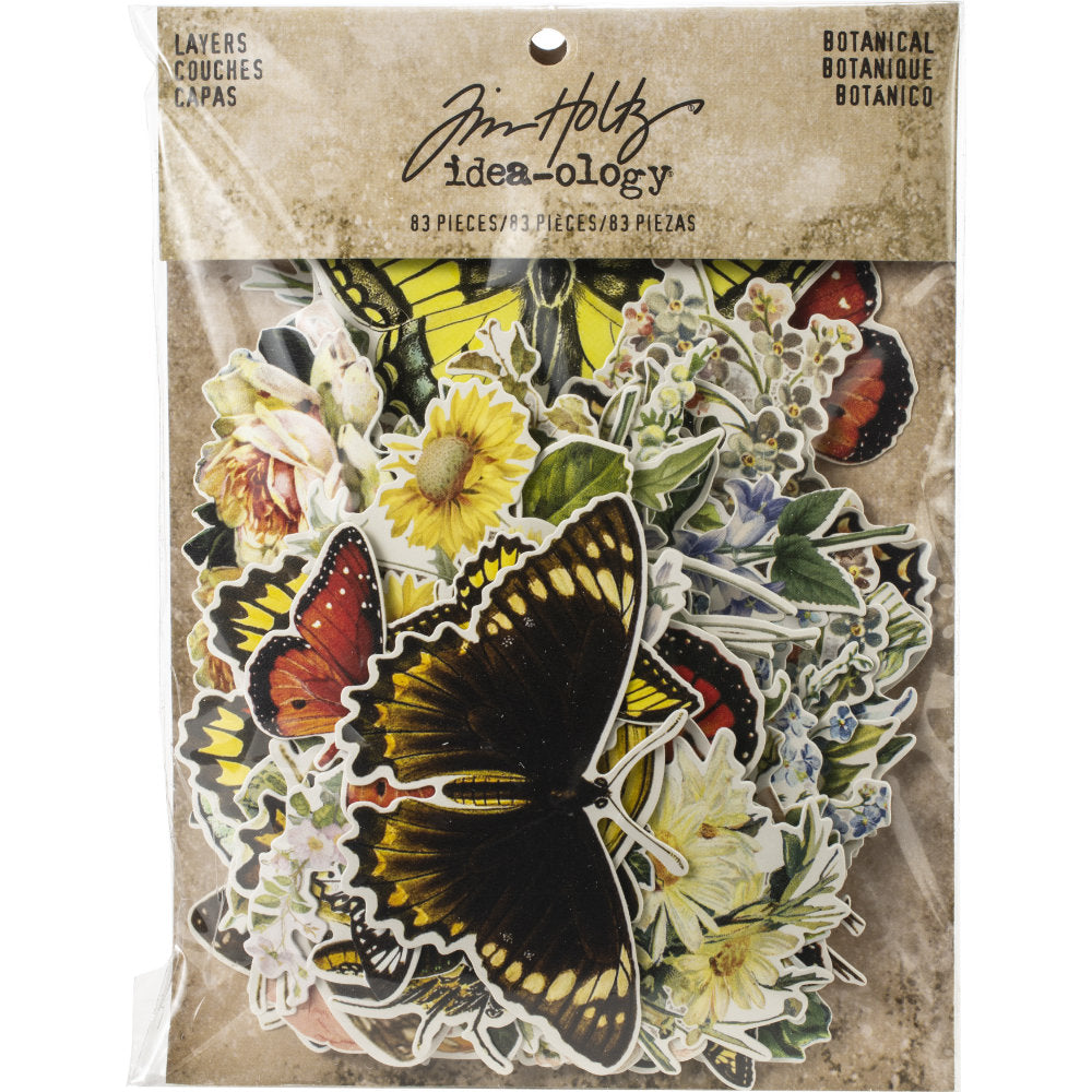 Botanical - Layers - Tim Holtz, made by Advantus Corp for the Idea-Ology range of papercraft essentials. TH93554. Over 80 assorted die-cut pieces, neatly trimmed out of quality cardstock with only a fraction of a white border around the image. Ready to use at a moment's notice. Designs include beautiful vintage illustrations of roses, blooms,&nbsp;daisies, bouquets, posies and single flowers with a variety of butterflies in different sizes, colours and species. Same packet with different assortment showing.
