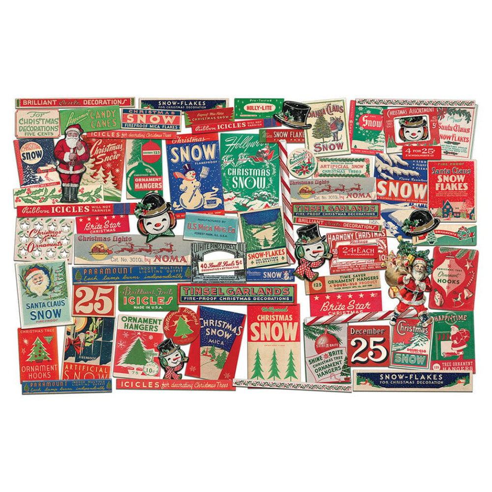 Five and Dime, Die Cut Christmas Layers ... by Tim Holtz Idea-Ology - A fun festive selection of vintage illustrations of Father Christmas (Santa, St Nick), Snowmen, frames, labels and more, printed on medium weight paper with a satin finish, with each die cut with precision around each piece. Perfect for party decor, papercrafts, mixed media, cardmaking, assemblage projects, scrapbooking, journaling and visual arts. 73 pieces, assorted sizes and designs. TH94496
