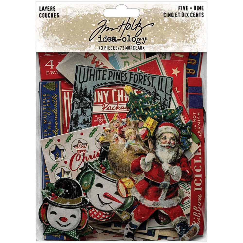 Five and Dime, Die Cut Christmas Layers ... by Tim Holtz Idea-Ology - A fun festive selection of vintage illustrations of Father Christmas (Santa, St Nick), Snowmen, frames, labels and more, printed on medium weight paper with a satin finish, with each die cut with precision around each piece. Perfect for party decor, papercrafts, mixed media, cardmaking, assemblage projects, scrapbooking, journaling and visual arts. 73 pieces, assorted sizes and designs. TH94496