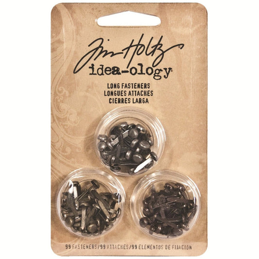 Long Fasteners (split pins, 3mm x 12mm long) ... Idea-Ology Metal Brads by Tim Holtz ... beautifully crafted and durable, these split pins or brads are the ideal fastener to use to attach layers and embellishments in visual arts of all kinds. Pack of 90 (ninety) fasteners (approx 1/8" wide, 1/2" long). FYI, out of Tim's Idea-Ology split pin range, these are the middle sized ones. The smallest are called "Screw Top Fasteners", largest are called "Large Fasteners", both also available, sold separately.