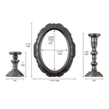 The Manor (Oval Frame and Candlesticks) ... by Tim Holtz Idea-Ology TH94340 - Metal realistic miniature ornate models of a beautiful oval frame and two sculptured candlesticks. Pack of 3 pieces, one frame 2 1/4" x 1 3/4" wide, one short stand 1" tall, one tall stand 1 3/4" tall.   Tim Holtz Idea-Ology Adornments are made of metal in an antique silver colouring to use in diy projects, home decor, mixed media and visual arts. Image of the sizes.