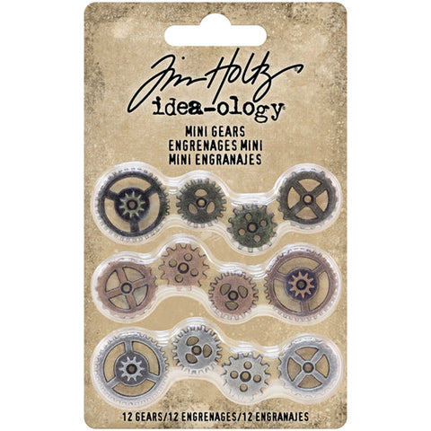 Mini Gears ... Idea-Ology Adornments by Tim Holtz. 12 (twelve) tiny cogs made of metal, used for mixed media, decorating ornaments, home decor makes, steampunk projects and visual arts.  This pack of high quality metal cogs and gears are finished in 3 (three) different antique colours - iron, copper, pewter. Ideal for all kinds of excuses to create - sculpture, mixed media, clocks, boxes and frames, adding to steampunk hats, making into interactive cards or frames, and much more.