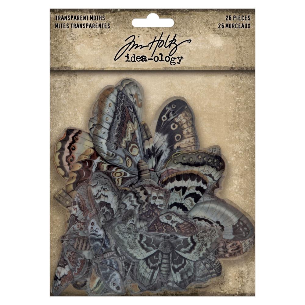 Transparent Moths - Idea-Ology Layers by Tim Holtz ... pieces of clear acetate printed with beautiful realistic moths to use as embellishments for decorations, mixed media, cardmaking, papercraft, scrapbooking and visual arts. 26 (twenty six) pieces in a variety of species and sizes. TH94403.  This is a stunning collection of moths with wings outstretched showing all their amazing wing patterns. 