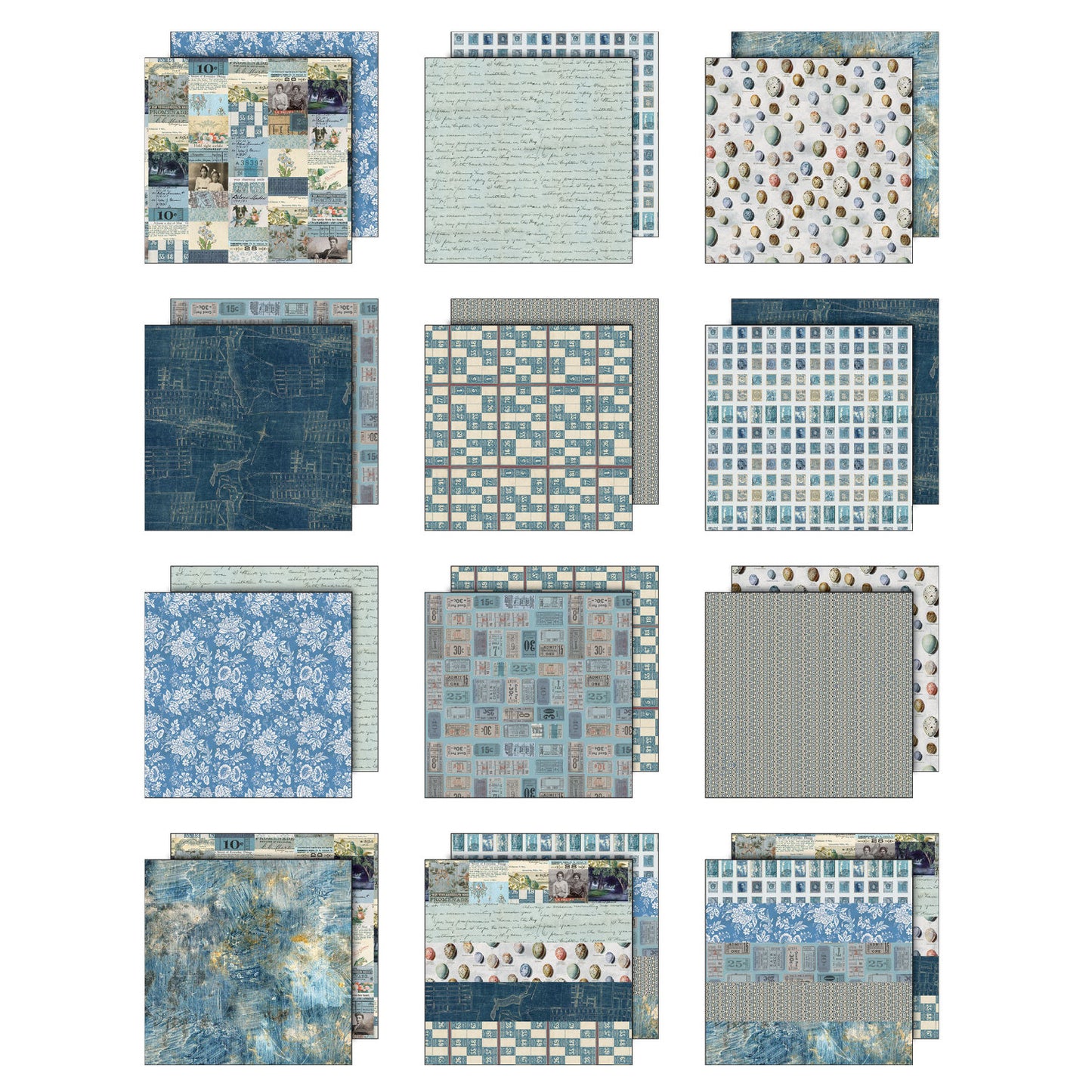 Blue toned designs in this pack include speckled eggs, bingo cards, tickets, labels, blueprint, people, animals, writing, wallpaper, a gorgeous blue abstract background, and more. Tim Holtz Idea-Ology Paper Palette Collection printed with nostalgic patterns and vintage imagery, double sided, smooth matte finish, for journling, scrapbooking, cardmaking, papercraft creative arts.