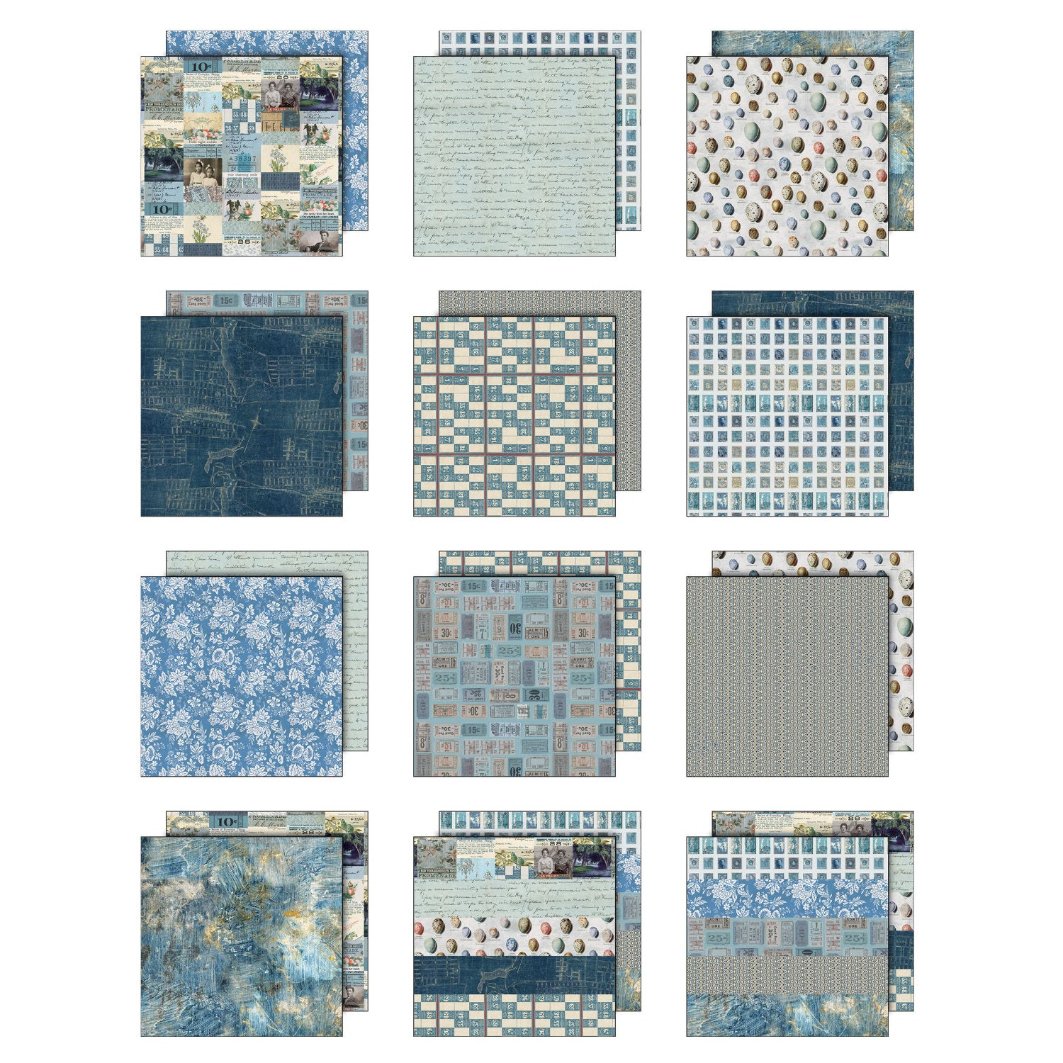 Blue toned designs in this pack include speckled eggs, bingo cards, tickets, labels, blueprint, people, animals, writing, wallpaper, a gorgeous blue abstract background, and more. Tim Holtz Idea-Ology Paper Palette Collection printed with nostalgic patterns and vintage imagery, double sided, smooth matte finish, for journling, scrapbooking, cardmaking, papercraft creative arts.