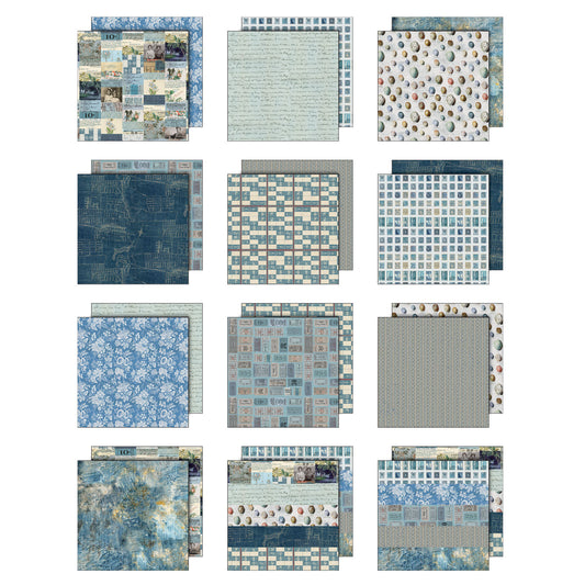Blue toned designs in this pack include speckled eggs, bingo cards, tickets, labels, blueprint, people, animals, writing, wallpaper, a gorgeous blue abstract background, and more. Tim Holtz Idea-Ology Paper Palette Collection printed with nostalgic patterns and vintage imagery, double sided, smooth matte finish, for journling, scrapbooking, cardmaking, papercraft creative arts.