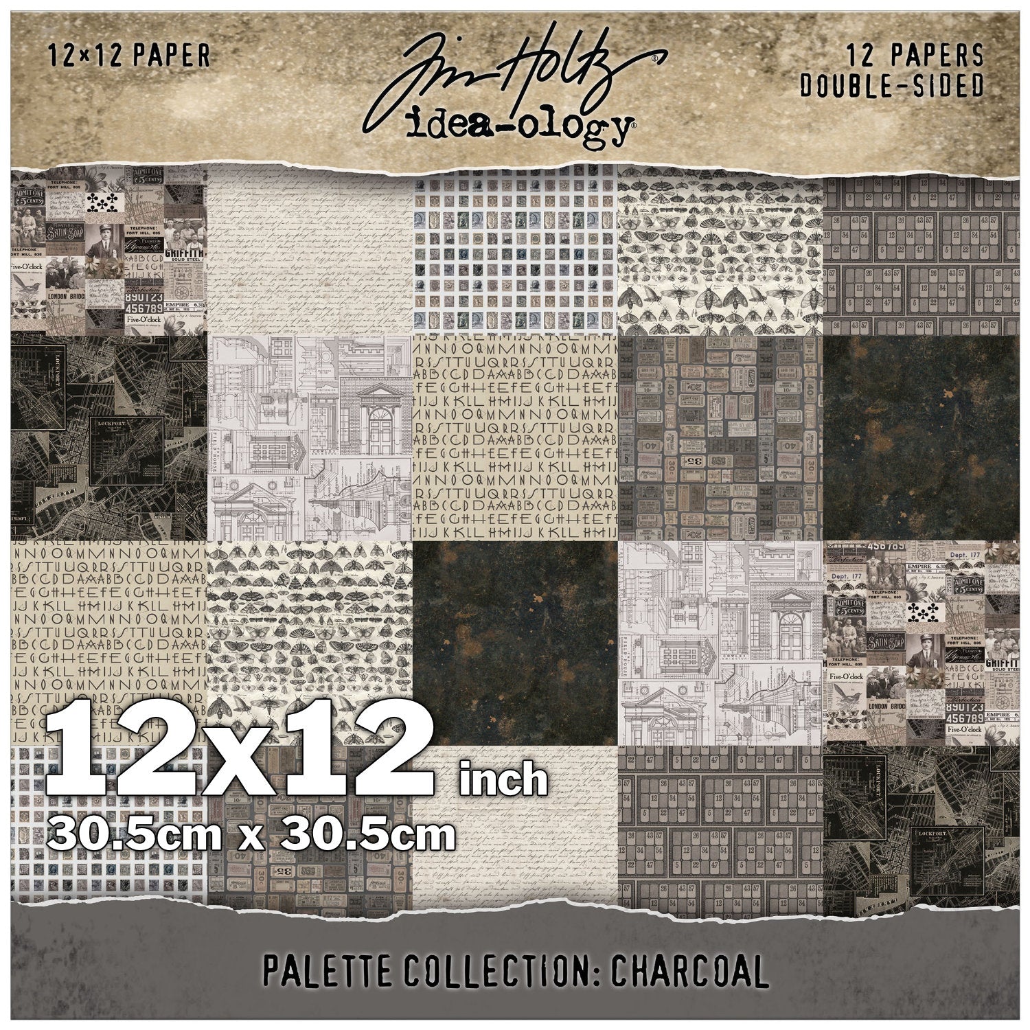 Charcoal toned designs in this pack include designs in a variety of greys, from pale to dar. almost black - designs include moths, architecture, tickets, birds, people, animals, alphabets, maps, wallpaper, a gorgeous Earthy abstract background, and more. This Idea-Ology scrapbooking paper is full of beautiful designs from the Tim Holtz Palette Paper Collection, double sided vintage imagery for papercrafts.