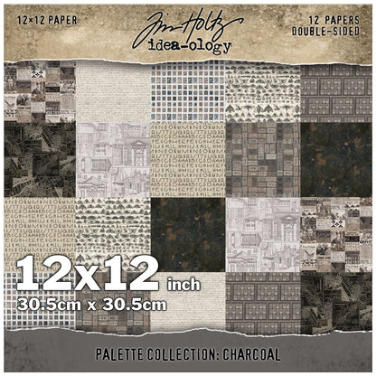 Charcoal toned designs in this pack include designs in a variety of greys, from pale to dar. almost black - designs include moths, architecture, tickets, birds, people, animals, alphabets, maps, wallpaper, a gorgeous Earthy abstract background, and more. This Idea-Ology scrapbooking paper is full of beautiful designs from the Tim Holtz Palette Paper Collection, double sided vintage imagery for papercrafts.
