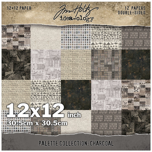 Charcoal toned designs in this pack include designs in a variety of greys, from pale to dar. almost black - designs include moths, architecture, tickets, birds, people, animals, alphabets, maps, wallpaper, a gorgeous Earthy abstract background, and more. This Idea-Ology scrapbooking paper is full of beautiful designs from the Tim Holtz Palette Paper Collection, double sided vintage imagery for papercrafts.