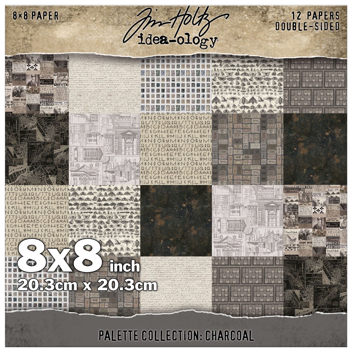Charcoal toned designs in this pack include designs in a variety of greys, from pale to dar. almost black - designs include moths, architecture, tickets, birds, people, animals, alphabets, maps, wallpaper, a gorgeous Earthy abstract background, and more. This Idea-Ology scrapbooking paper is full of beautiful designs from the Tim Holtz Palette Paper Collection, double sided vintage imagery for papercrafts.