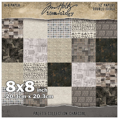 Charcoal toned designs in this pack include designs in a variety of greys, from pale to dar. almost black - designs include moths, architecture, tickets, birds, people, animals, alphabets, maps, wallpaper, a gorgeous Earthy abstract background, and more. This Idea-Ology scrapbooking paper is full of beautiful designs from the Tim Holtz Palette Paper Collection, double sided vintage imagery for papercrafts.