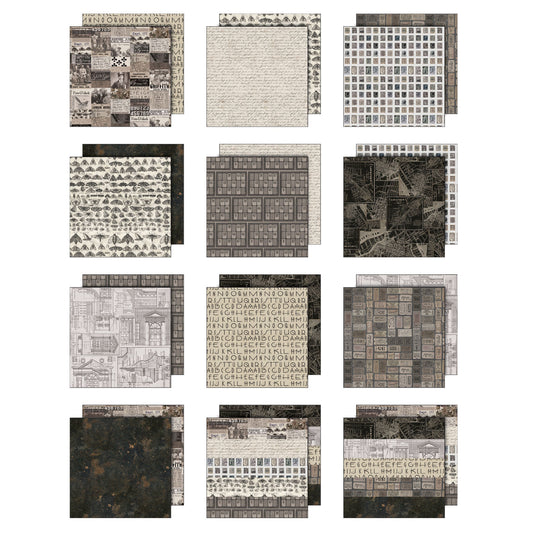 Charcoal toned designs in this pack include designs in a variety of greys, from pale to dar. almost black - designs include moths, architecture, tickets, birds, people, animals, alphabets, maps, wallpaper, a gorgeous Earthy abstract background, and more. This Idea-Ology scrapbooking paper is full of beautiful designs from the Tim Holtz Palette Paper Collection, double sided vintage imagery for papercrafts.