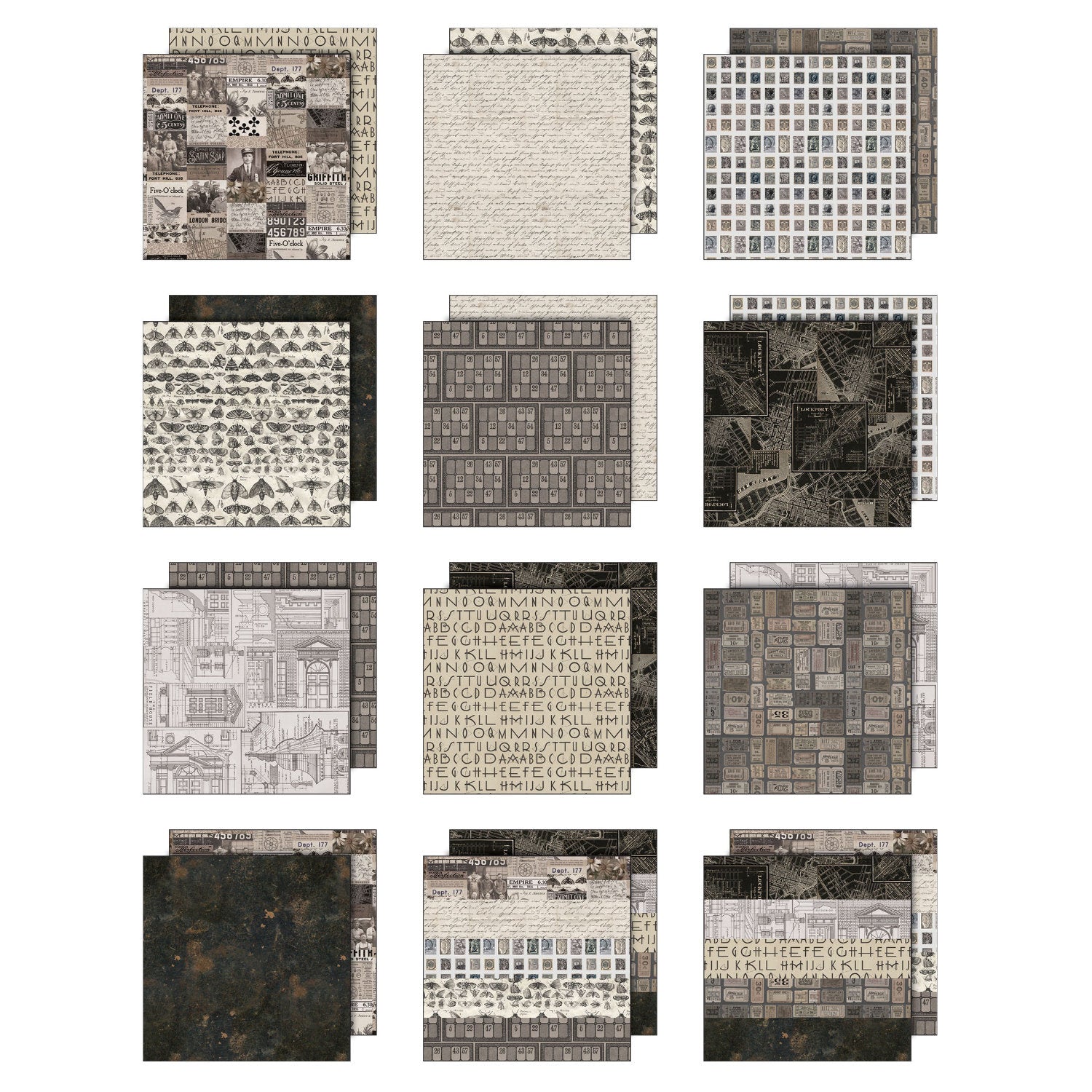 Charcoal toned designs in this pack include designs in a variety of greys, from pale to dar. almost black - designs include moths, architecture, tickets, birds, people, animals, alphabets, maps, wallpaper, a gorgeous Earthy abstract background, and more. This Idea-Ology scrapbooking paper is full of beautiful designs from the Tim Holtz Palette Paper Collection, double sided vintage imagery for papercrafts.