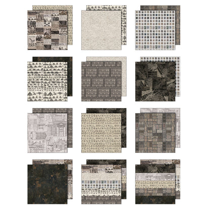 Charcoal toned designs in this pack include designs in a variety of greys, from pale to dar. almost black - designs include moths, architecture, tickets, birds, people, animals, alphabets, maps, wallpaper, a gorgeous Earthy abstract background, and more. This Idea-Ology scrapbooking paper is full of beautiful designs from the Tim Holtz Palette Paper Collection, double sided vintage imagery for papercrafts.