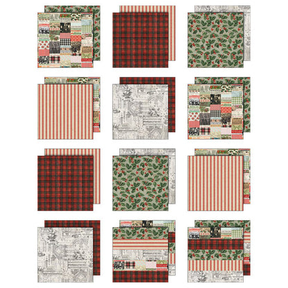 Christmas - Tim Holtz Idea-Ology Palette Paper Collection ... printed with seasonal and festive patterns of vintage imagery, double sided, quality cardstock with a smooth matte finish, 12 (twelve) loose sheets, available in 8"x8" and 12"x12". Christmas papers feature holly and berries, red stripes, black red check (plaid), architectural backdrops, collage strips with various vintage images and patterns, and more! Image of all designs.
