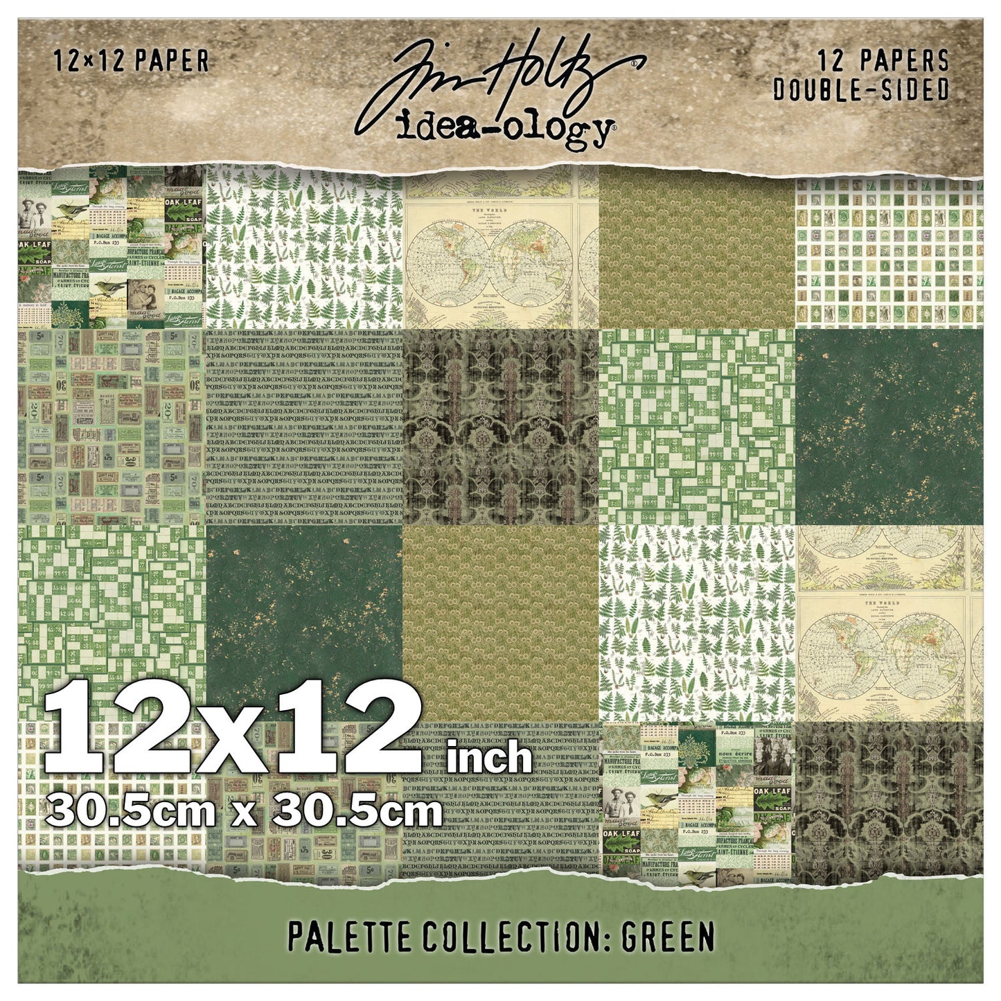 Green 12x12 - Tim Holtz Idea-Ology Palette Paper Collection ... printed with nostalgic patterns and vintage imagery, double sided, smooth matte finish, 1 (one) of each design. 12 (twelve) loose sheets, size 12"x12" (30.5cm x 30.5cm). TH94460. Green toned designs (from sage to a dark forest green) in this pack include fern foliage, map of the world, tickets, postage stamps, birds, vintage wallpaper, distressed backgrounds, a few quotes and more.