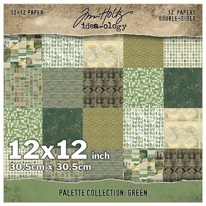 Green 12x12 - Tim Holtz Idea-Ology Palette Paper Collection ... printed with nostalgic patterns and vintage imagery, double sided, smooth matte finish, 1 (one) of each design. 12 (twelve) loose sheets, size 12"x12" (30.5cm x 30.5cm). TH94460. Green toned designs (from sage to a dark forest green) in this pack include fern foliage, map of the world, tickets, postage stamps, birds, vintage wallpaper, distressed backgrounds, a few quotes and more.