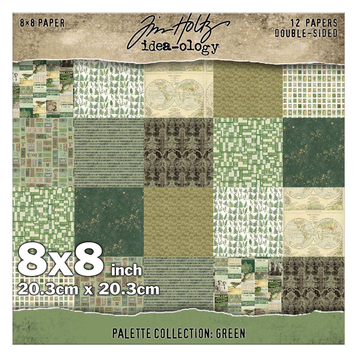 Green 8x8 - Tim Holtz Idea-Ology Palette Paper Collection ... printed with nostalgic patterns and vintage imagery, double sided, smooth matte finish, 1 (one) of each design. 12 (twelve) loose sheets, size 8"x8" (20.3cm x 20.3cm). TH94474. Green toned designs (from sage to a dark forest green) in this pack include fern foliage, map of the world, tickets, postage stamps, birds, vintage wallpaper, distressed backgrounds, a few quotes and more.