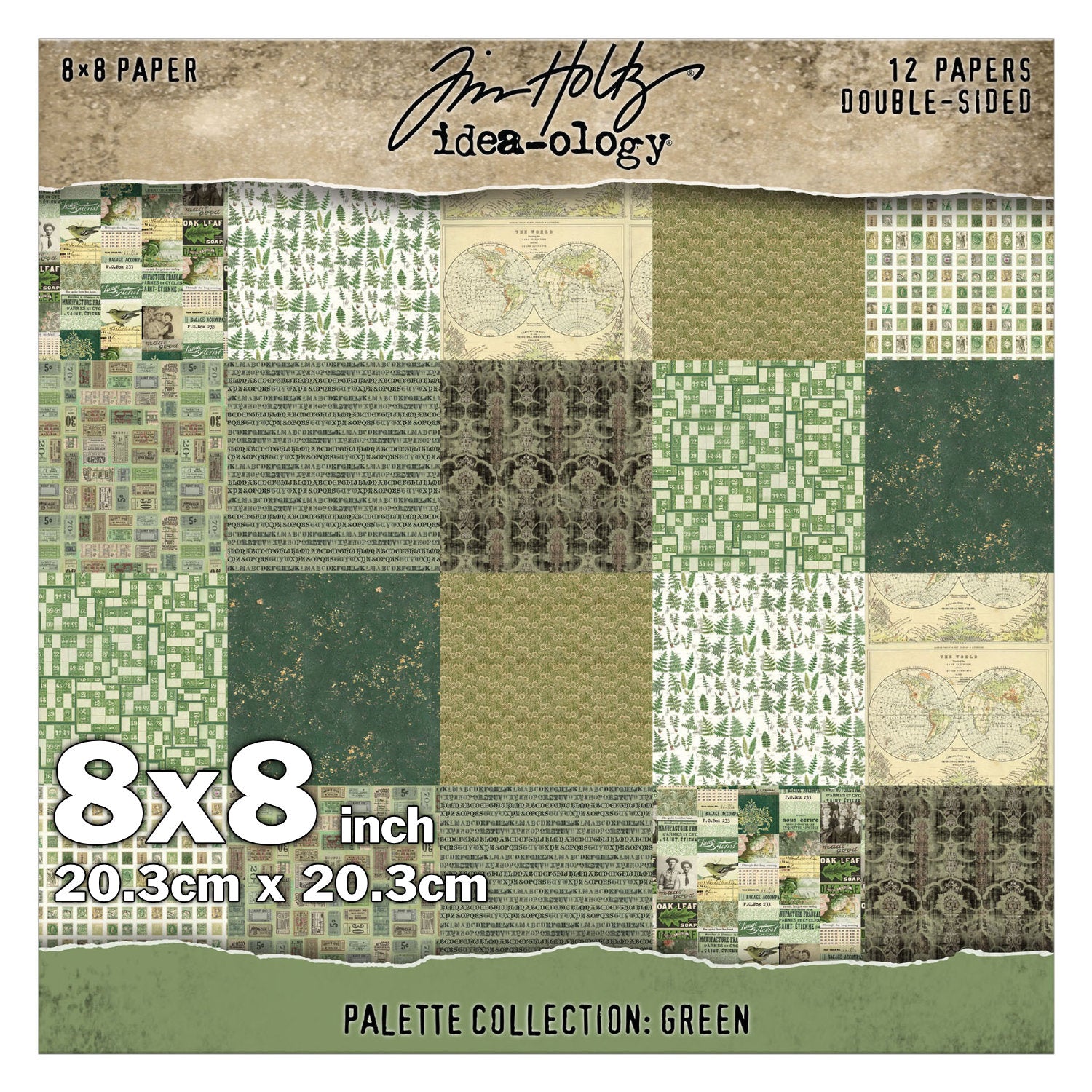 Green 8x8 - Tim Holtz Idea-Ology Palette Paper Collection ... printed with nostalgic patterns and vintage imagery, double sided, smooth matte finish, 1 (one) of each design. 12 (twelve) loose sheets, size 8"x8" (20.3cm x 20.3cm). TH94474. Green toned designs (from sage to a dark forest green) in this pack include fern foliage, map of the world, tickets, postage stamps, birds, vintage wallpaper, distressed backgrounds, a few quotes and more.