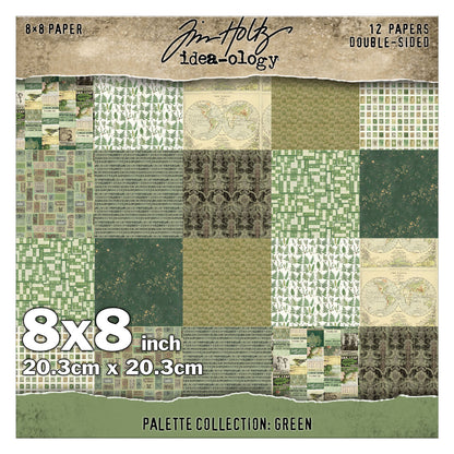 Green 8x8 - Tim Holtz Idea-Ology Palette Paper Collection ... printed with nostalgic patterns and vintage imagery, double sided, smooth matte finish, 1 (one) of each design. 12 (twelve) loose sheets, size 8"x8" (20.3cm x 20.3cm). TH94474. Green toned designs (from sage to a dark forest green) in this pack include fern foliage, map of the world, tickets, postage stamps, birds, vintage wallpaper, distressed backgrounds, a few quotes and more.