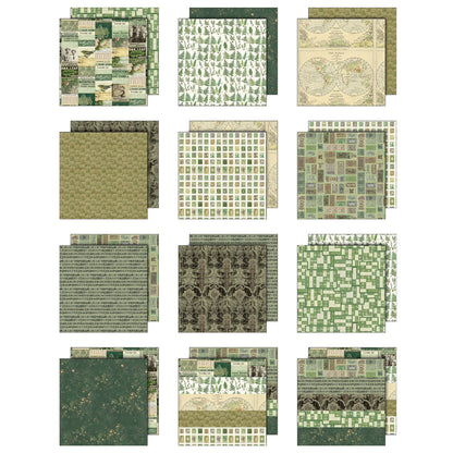 overview of the Green Tim Holtz Idea-Ology Palette Paper Collection ... printed with nostalgic patterns and vintage imagery, double sided, smooth matte finish to use for papercrafts, scrapbooking, junk journaling, cardmaking, collecting, sharing, using to make smiles! Green toned designs (from sage to a dark forest green) in this pack include fern foliage, map of the world, tickets, postage stamps, birds, vintage wallpaper, distressed backgrounds, a few quotes and more.