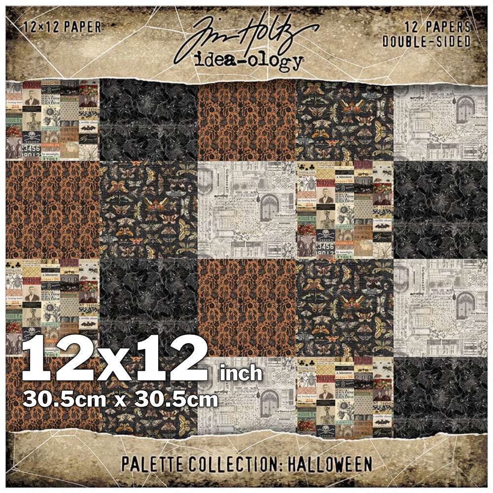 Tim Holtz Idea-Ology Palette Paper Collection ... beautiful imagery with dark hues in vintage designs and nostalgic patterns, double sided, smooth matte finish, 1 (one) of each design. 12 (twelve) loose sheets. 12"x12". Halloween papers in this pack feature beautiful moody backgrounds and gorgeous winged creatures, vintage maps, strips of collaged elements and much more.