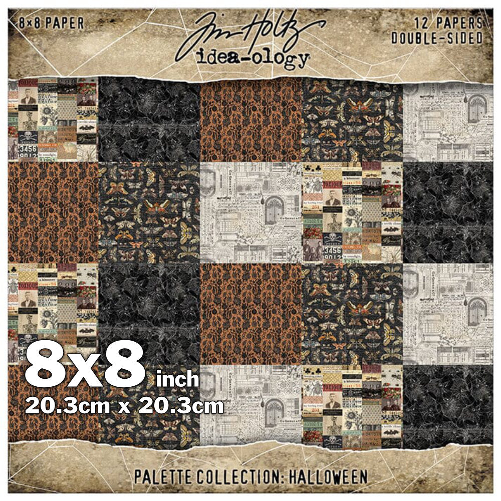 Tim Holtz Idea-Ology Palette Paper Collection ... beautiful imagery with dark hues in vintage designs and nostalgic patterns, double sided, smooth matte finish, 1 (one) of each design. 12 (twelve) loose sheets. 8"x8". Halloween papers in this pack feature beautiful moody backgrounds and gorgeous winged creatures, vintage maps, strips of collaged elements and much more.