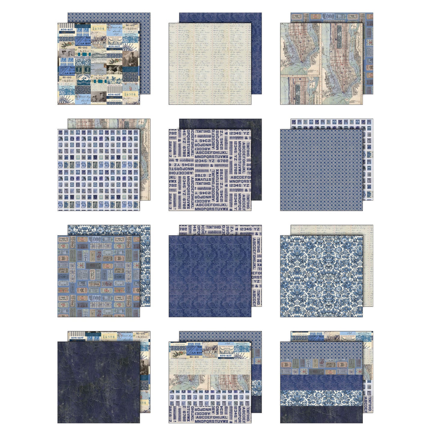 Indigo toned designs in this pack include cream and dark blue patterns and images of portraits of people, words, maps, tickets, postage stamps, vintage patterns, a few quotes and more. Tim Holtz Idea-Ology Paper Palette Collection printed with nostalgic patterns and vintage imagery, double sided, smooth matte finish, for journling, scrapbooking, cardmaking, papercraft creative arts.