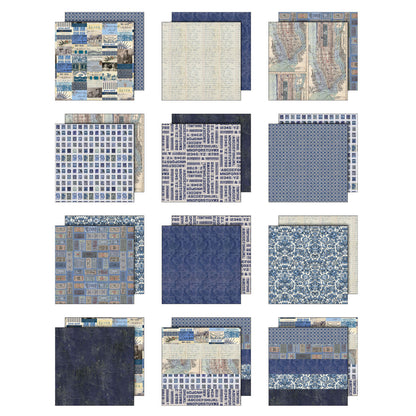 Indigo toned designs in this pack include cream and dark blue patterns and images of portraits of people, words, maps, tickets, postage stamps, vintage patterns, a few quotes and more. Tim Holtz Idea-Ology Paper Palette Collection printed with nostalgic patterns and vintage imagery, double sided, smooth matte finish, for journling, scrapbooking, cardmaking, papercraft creative arts.