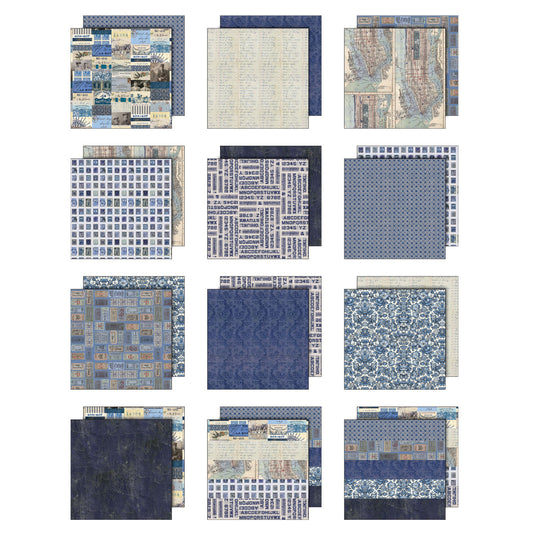 Indigo toned designs in this pack include cream and dark blue patterns and images of portraits of people, words, maps, tickets, postage stamps, vintage patterns, a few quotes and more. Tim Holtz Idea-Ology Paper Palette Collection printed with nostalgic patterns and vintage imagery, double sided, smooth matte finish, for journling, scrapbooking, cardmaking, papercraft creative arts.