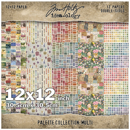 Multi coloured designs in this pack is filled with beautiful colourful floral designs, rainbows of postage stamps, vintage labels, palette backgrounds, strips of collaged elements and much more. This Idea-Ology scrapbooking paper is full of beautiful designs from the Tim Holtz Palette Paper Collection, double sided vintage imagery for papercrafts.
