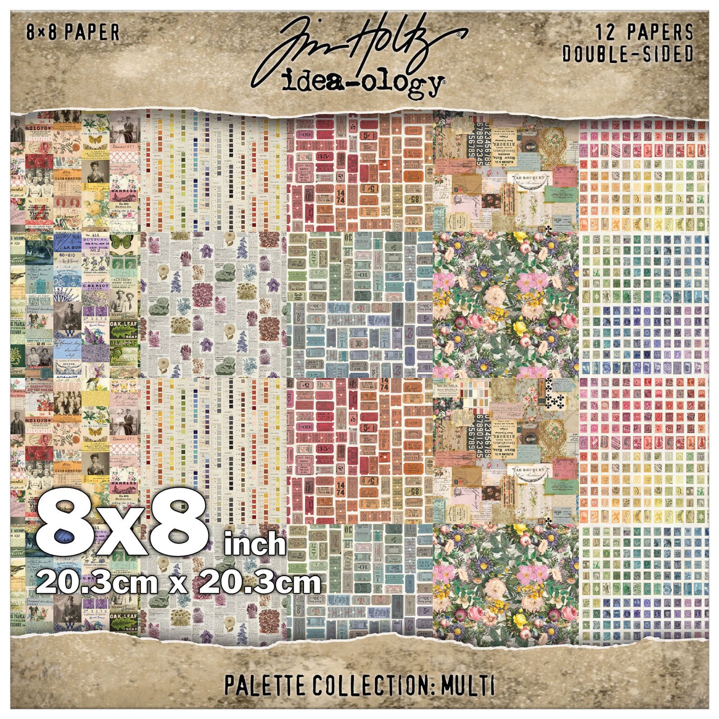 Multi coloured designs in this pack is filled with beautiful colourful floral designs, rainbows of postage stamps, vintage labels, palette backgrounds, strips of collaged elements and much more. This Idea-Ology scrapbooking paper is full of beautiful designs from the Tim Holtz Palette Paper Collection, double sided vintage imagery for papercrafts.