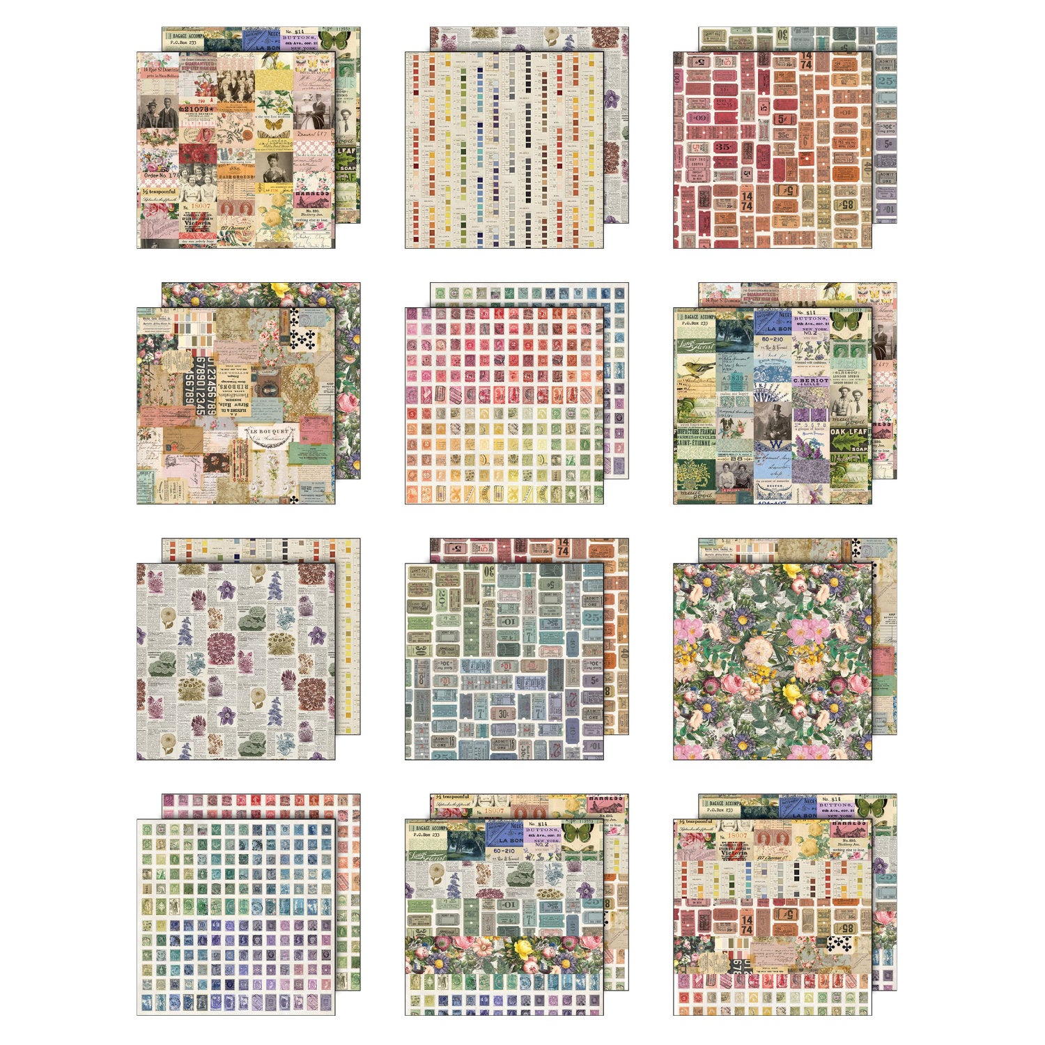 Multi coloured designs in this pack is filled with beautiful colourful floral designs, rainbows of postage stamps, vintage labels, palette backgrounds, strips of collaged elements and much more. This Idea-Ology scrapbooking paper is full of beautiful designs from the Tim Holtz Palette Paper Collection, double sided vintage imagery for papercrafts.