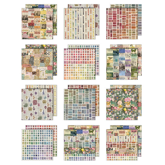 Multi coloured designs in this pack is filled with beautiful colourful floral designs, rainbows of postage stamps, vintage labels, palette backgrounds, strips of collaged elements and much more. This Idea-Ology scrapbooking paper is full of beautiful designs from the Tim Holtz Palette Paper Collection, double sided vintage imagery for papercrafts.