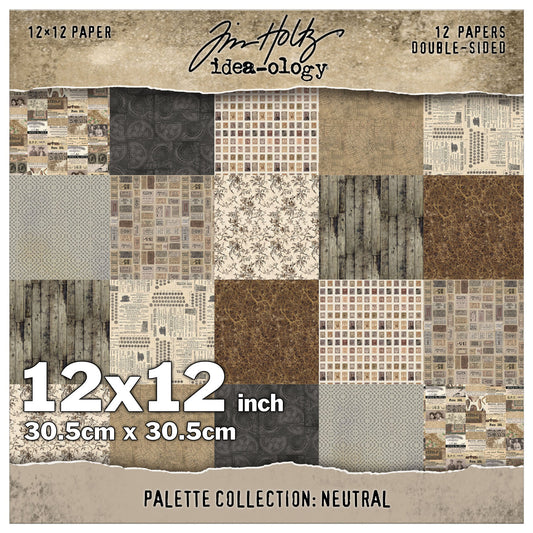 Neutral 12x12 - Tim Holtz Idea-Ology Palette Paper Collection ... printed with nostalgic patterns and vintage imagery, double sided, smooth matte finish, 1 (one) of each design. 12 (twelve) loose sheets, size 12"x12" (30.5cm x 30.5cm). TH94459. Neutral toned designs of browns and grey (from pale tea to a dark coffee) in this pack include portraits of people, seashells, botanicals, tickets, postage stamps, typewriters and text, marbled backgrounds, vintage patterns, a few quotes and more.