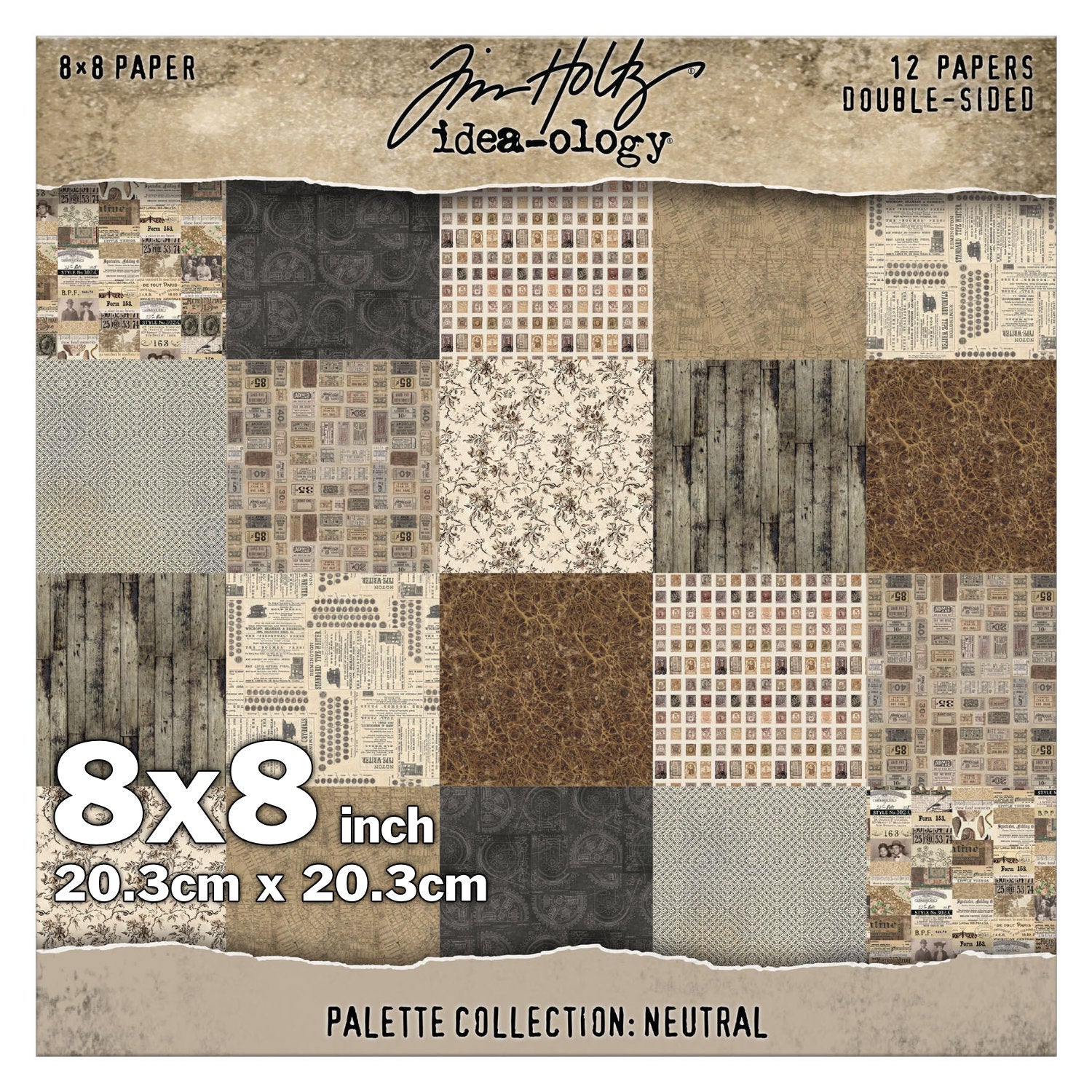 Neutral 8x8 - Tim Holtz Idea-Ology Palette Paper Collection ... printed with nostalgic patterns and vintage imagery, double sided, smooth matte finish, 1 (one) of each design. 12 (twelve) loose sheets, size 8"x8" (20.3cm x 20.3cm). TH94473. Neutral toned designs of browns and grey (from pale tea to a dark coffee) in this pack include portraits of people, seashells, maps, botanicals, tickets, postage stamps, typewriters and text, timber, marbled backgrounds, vintage patterns, a few quotes and more.