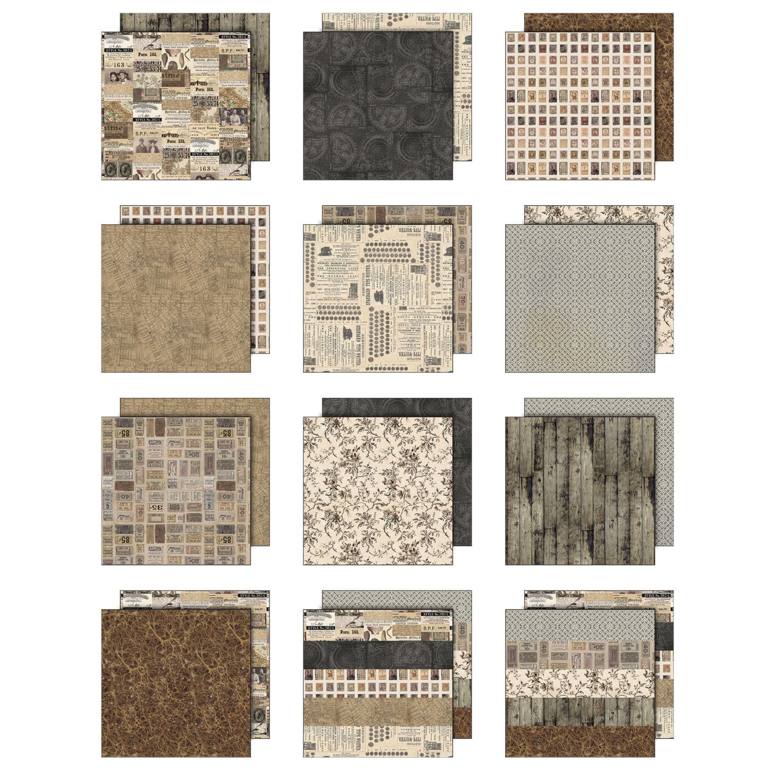 overview of the Neutral Tim Holtz Idea-Ology Palette Paper Collection ... printed with nostalgic patterns and vintage imagery, double sided, smooth matte finish to use for papercrafts, scrapbooking, junk journaling, card making, collecting, sharing, using to make art. Neutral toned designs from pale tea to a dark coffee) in this pack include portraits of people, maps, seashells, timber, botanicals, tickets, postage stamps, typewriters and text, marbled backgrounds, vintage patterns, a few quotes and more.