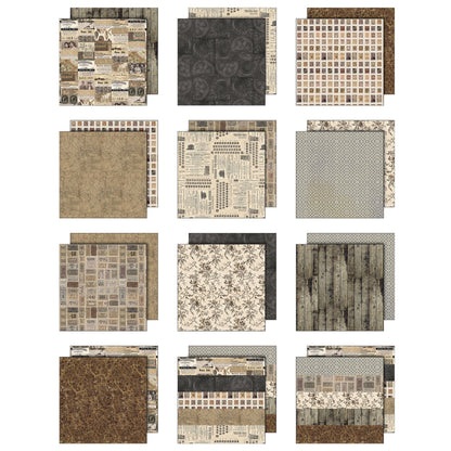 overview of the Neutral Tim Holtz Idea-Ology Palette Paper Collection ... printed with nostalgic patterns and vintage imagery, double sided, smooth matte finish to use for papercrafts, scrapbooking, junk journaling, card making, collecting, sharing, using to make art. Neutral toned designs from pale tea to a dark coffee) in this pack include portraits of people, maps, seashells, timber, botanicals, tickets, postage stamps, typewriters and text, marbled backgrounds, vintage patterns, a few quotes and more.