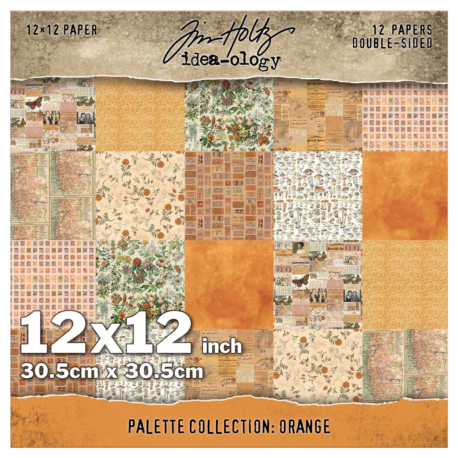 Orange - Tim Holtz Idea-Ology Palette Paper Collection ... printed with nostalgic patterns and vintage imagery, double sided, smooth matte finish, 1 (one) of each design. 12 (twelve) loose sheets, size 8"x8" (20.3cm x 20.3cm). Photo of the cover with design examples in squares. Designs include botanicals, flowers, fungi, butterflies, labels, streetmaps, postal stamps.