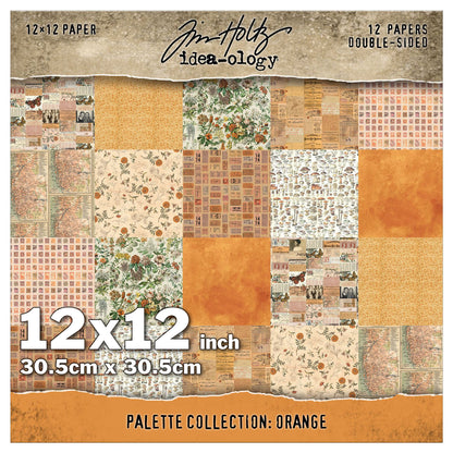 Orange - Tim Holtz Idea-Ology Palette Paper Collection ... printed with nostalgic patterns and vintage imagery, double sided, smooth matte finish, 1 (one) of each design. 12 (twelve) loose sheets, size 8"x8" (20.3cm x 20.3cm). Photo of the cover with design examples in squares. Designs include botanicals, flowers, fungi, butterflies, labels, streetmaps, postal stamps.