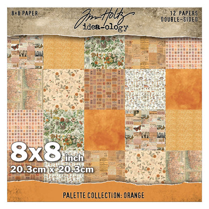 Orange 8x8 - Tim Holtz Idea-Ology Palette Paper Collection ... printed with nostalgic patterns and vintage imagery, double sided, smooth matte finish, 1 (one) of each design. 12 (twelve) loose sheets, size 8"x8" (20.3cm x 20.3cm). Photo of the cover with design examples in squares. TH94471. Designs include botanicals, flowers, fungi, butterflies, labels, streetmaps, postal stamps.