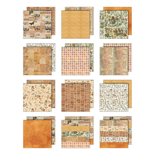 Orange - Tim Holtz Idea-Ology Palette Paper Collection for cardmaking, scrapbooking, junk journals, altered artbooks, making visual arts. Printed with nostalgic patterns and vintage imagery, double sided, smooth matte finish, 1 (one) of each design. Designs include botanicals, flowers, fungi, butterflies, labels, streetmaps, postal stamps and more.