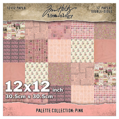 Pink 12x12 - Tim Holtz Idea-Ology Palette Paper Collection for cardmaking, scrapbooking, junk journals, altered artbooks, making visual arts. Printed with nostalgic patterns and vintage imagery, double sided, smooth matte finish. Designs include beautiful patterns, portraits of people, delicate florals, blueprints, streetmaps, labels, postal stamps, tickets, bingo cards and more. TH94455