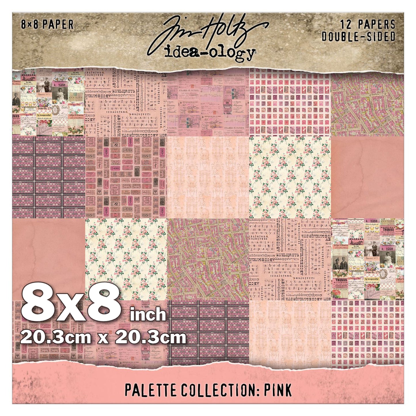 Pink 8x8inch - Tim Holtz Idea-Ology Palette Paper Collection for cardmaking, scrapbooking, junk journals, altered artbooks, making visual arts. Printed with nostalgic patterns and vintage imagery, double sided, smooth matte finish, 1 (one) of each design. Designs include beautiful patterns, portraits of people, delicate florals, blueprints, streetmaps, labels, postal stamps, tickets, bingo cards and more. TH94469