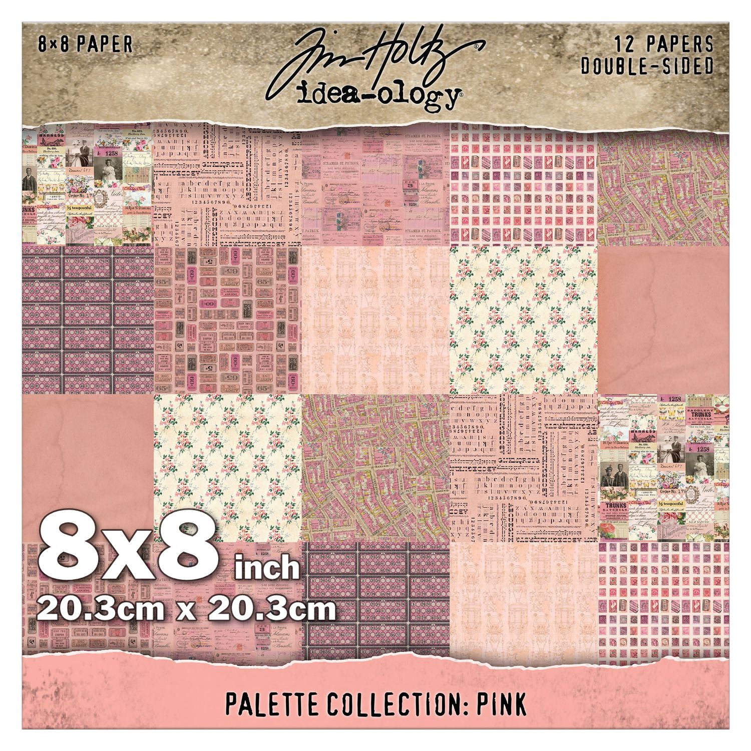 Pink 8x8inch - Tim Holtz Idea-Ology Palette Paper Collection for cardmaking, scrapbooking, junk journals, altered artbooks, making visual arts. Printed with nostalgic patterns and vintage imagery, double sided, smooth matte finish, 1 (one) of each design. Designs include beautiful patterns, portraits of people, delicate florals, blueprints, streetmaps, labels, postal stamps, tickets, bingo cards and more. TH94469