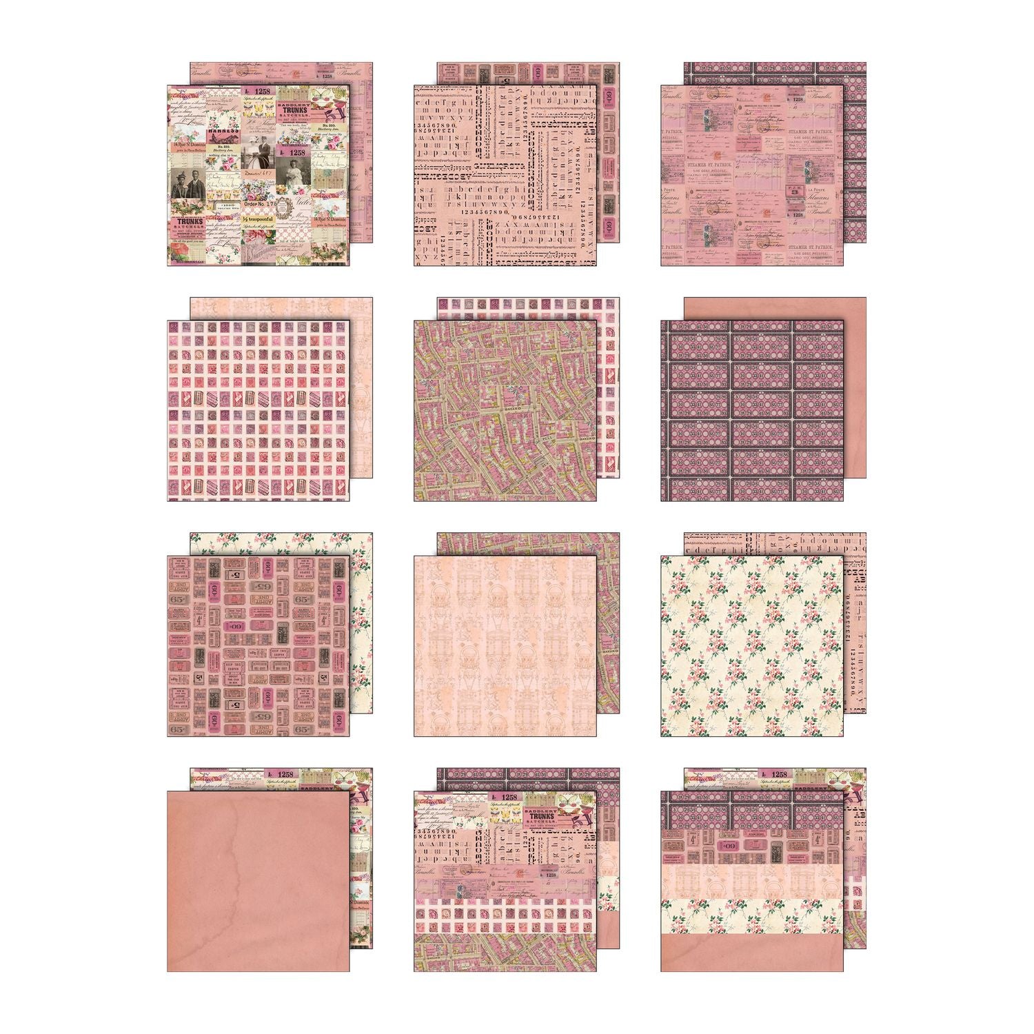 Pink - Tim Holtz Idea-Ology Palette Paper Collection for cardmaking, scrapbooking, junk journals, altered artbooks, making visual arts. Printed with nostalgic patterns and vintage imagery, double sided, smooth matte finish, 1 (one) of each design. Designs include beautiful patterns, portraits of people, delicate florals, blueprints, streetmaps, labels, postal stamps, tickets, bingo cards and more.