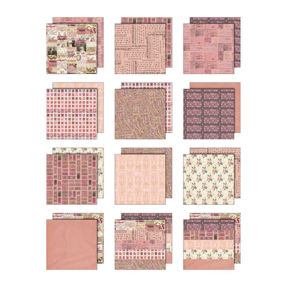 Pink - Tim Holtz Idea-Ology Palette Paper Collection for cardmaking, scrapbooking, junk journals, altered artbooks, making visual arts. Printed with nostalgic patterns and vintage imagery, double sided, smooth matte finish, 1 (one) of each design. Designs include beautiful patterns, portraits of people, delicate florals, blueprints, streetmaps, labels, postal stamps, tickets, bingo cards and more.