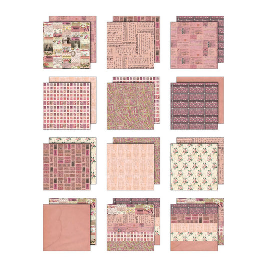 Pink - Tim Holtz Idea-Ology Palette Paper Collection for cardmaking, scrapbooking, junk journals, altered artbooks, making visual arts. Printed with nostalgic patterns and vintage imagery, double sided, smooth matte finish, 1 (one) of each design. Designs include beautiful patterns, portraits of people, delicate florals, blueprints, streetmaps, labels, postal stamps, tickets, bingo cards and more.